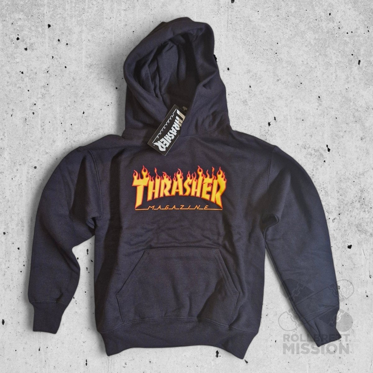 Black thrasher hoodie with flames online