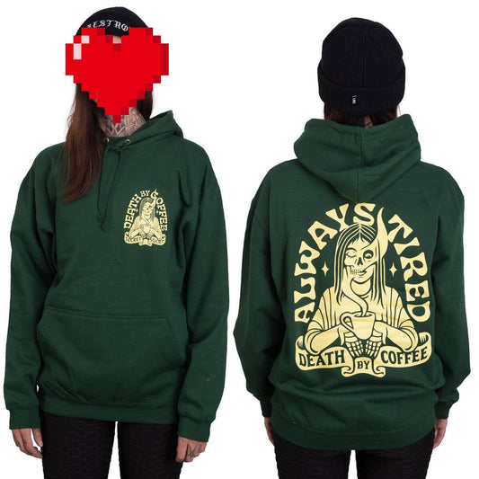 Death By Coffee "Tired Girl" Hoodie Dark Green - Rollbrett Mission